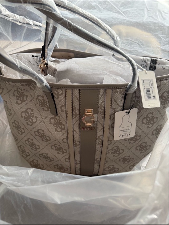 Guess Handbags - GUESS Beige Taupe Logo-Print Tote with Gold Hardware